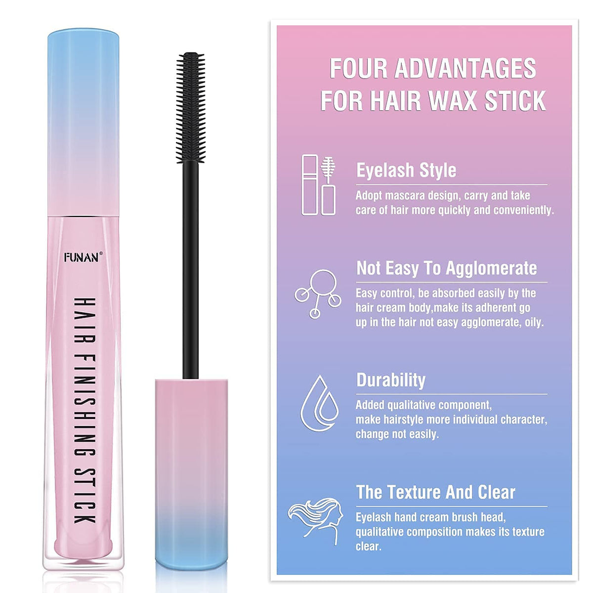 FUNAN hair finishing gel being used on broken hair near the forehead line.