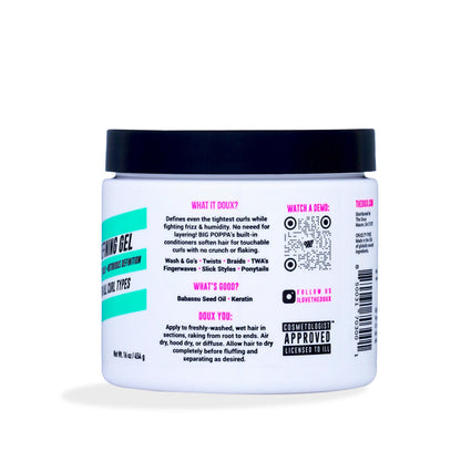 The Doux Big Poppa frizz control hair styler showing product texture and packaging