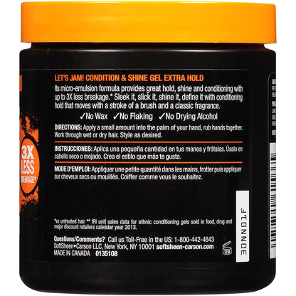 Fourteen ounce jar of SoftSheen Let's Jam Shining and Conditioning Gel showcasing product details