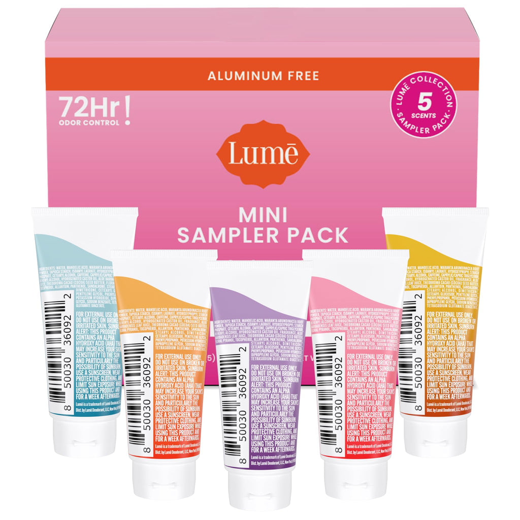 Lume cream minis tubes arranged neatly on a surface