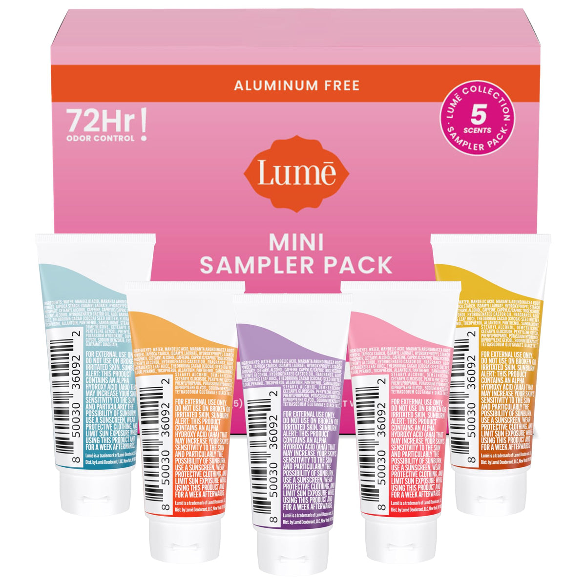 Lume cream minis tubes arranged neatly on a surface