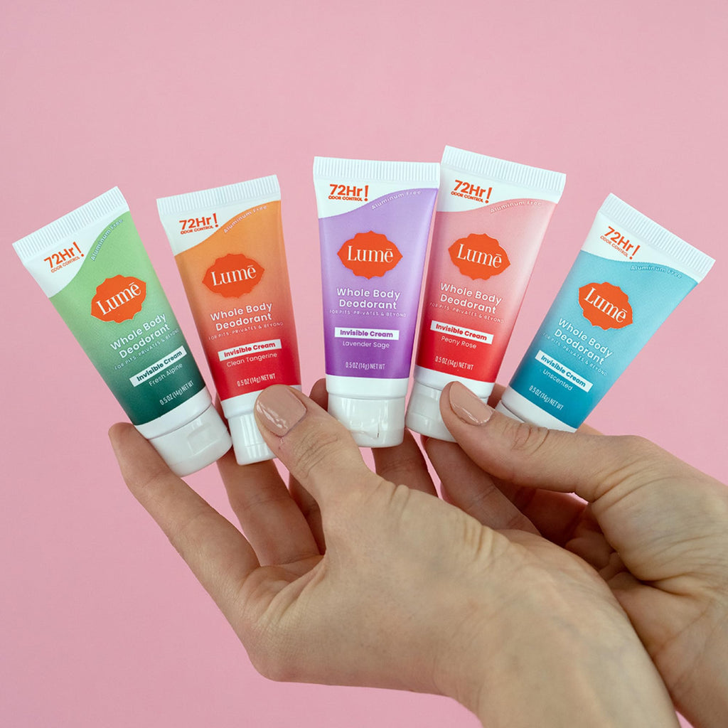 Lume aluminum free deodorant packaging showing scent labels