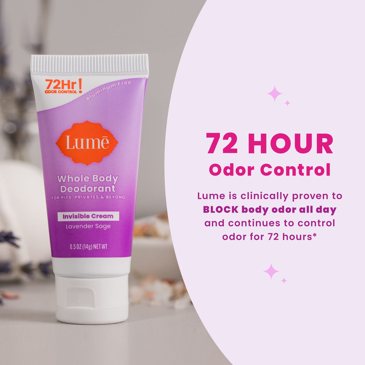 Lume 0.5 ounce deodorant mini tube held in hand