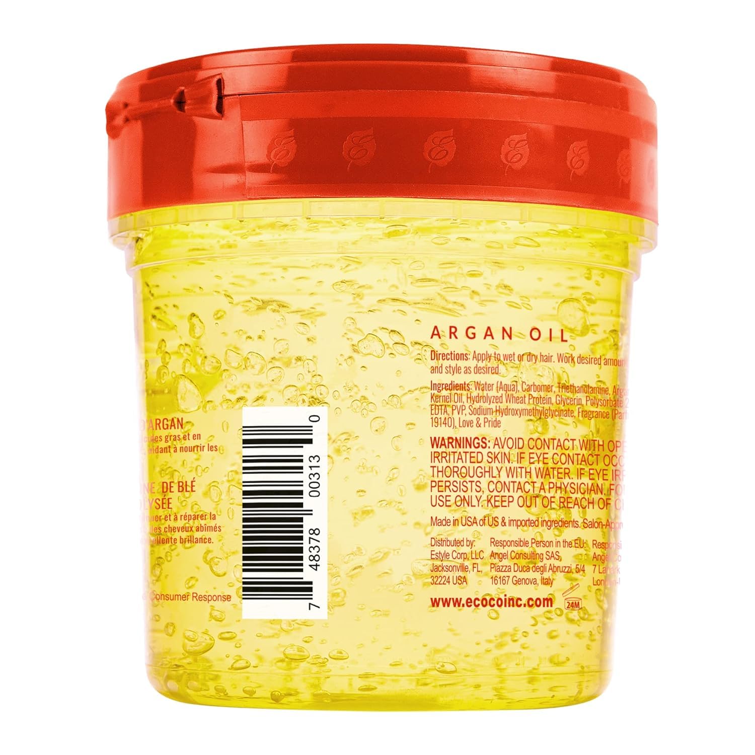 Side profile of Eco Style Moroccan Argan Oil Hair Styling Gel emphasizing anti-frizz properties.
