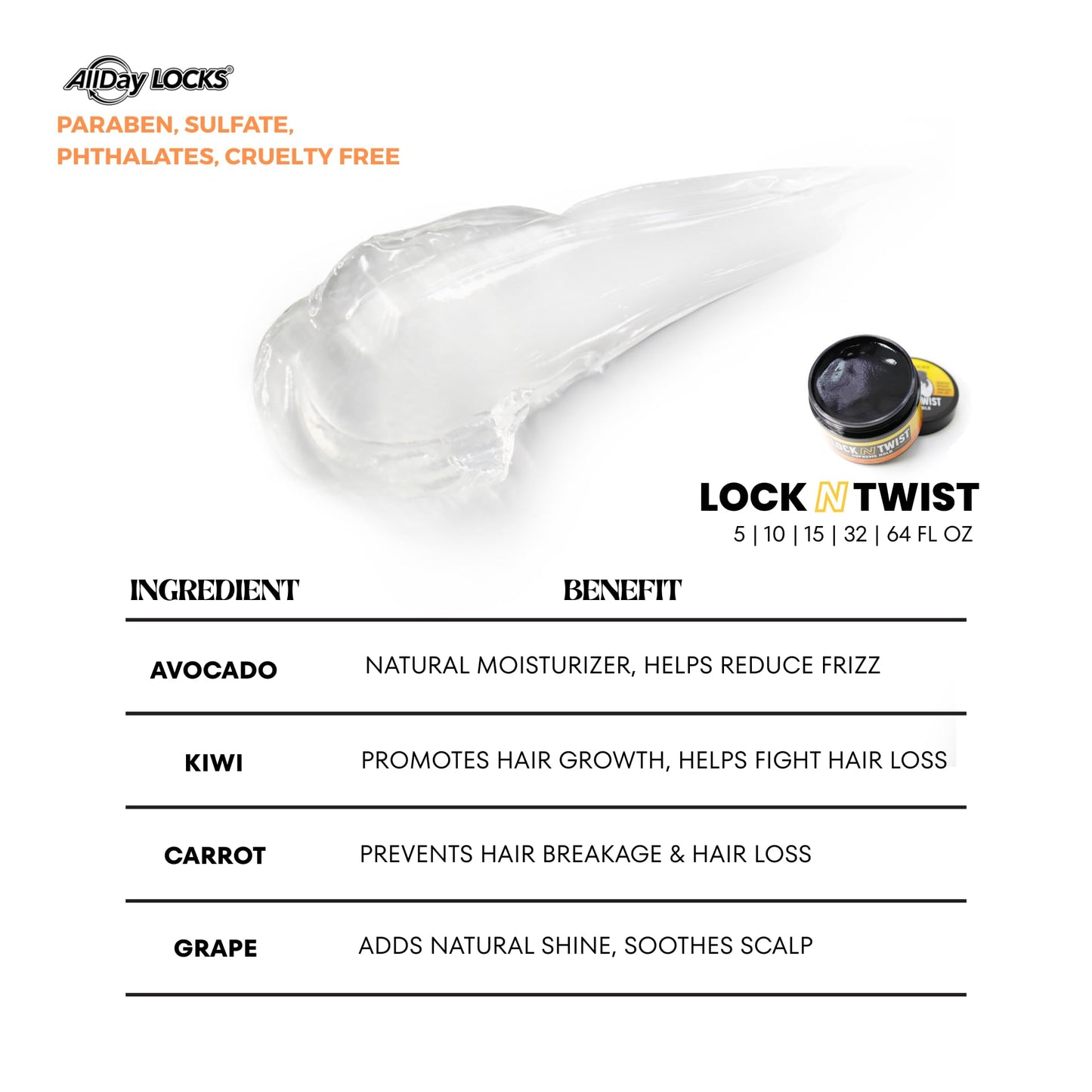 Back label of AllDay Locks Lock N Twist showing nourishing hair ingredients
