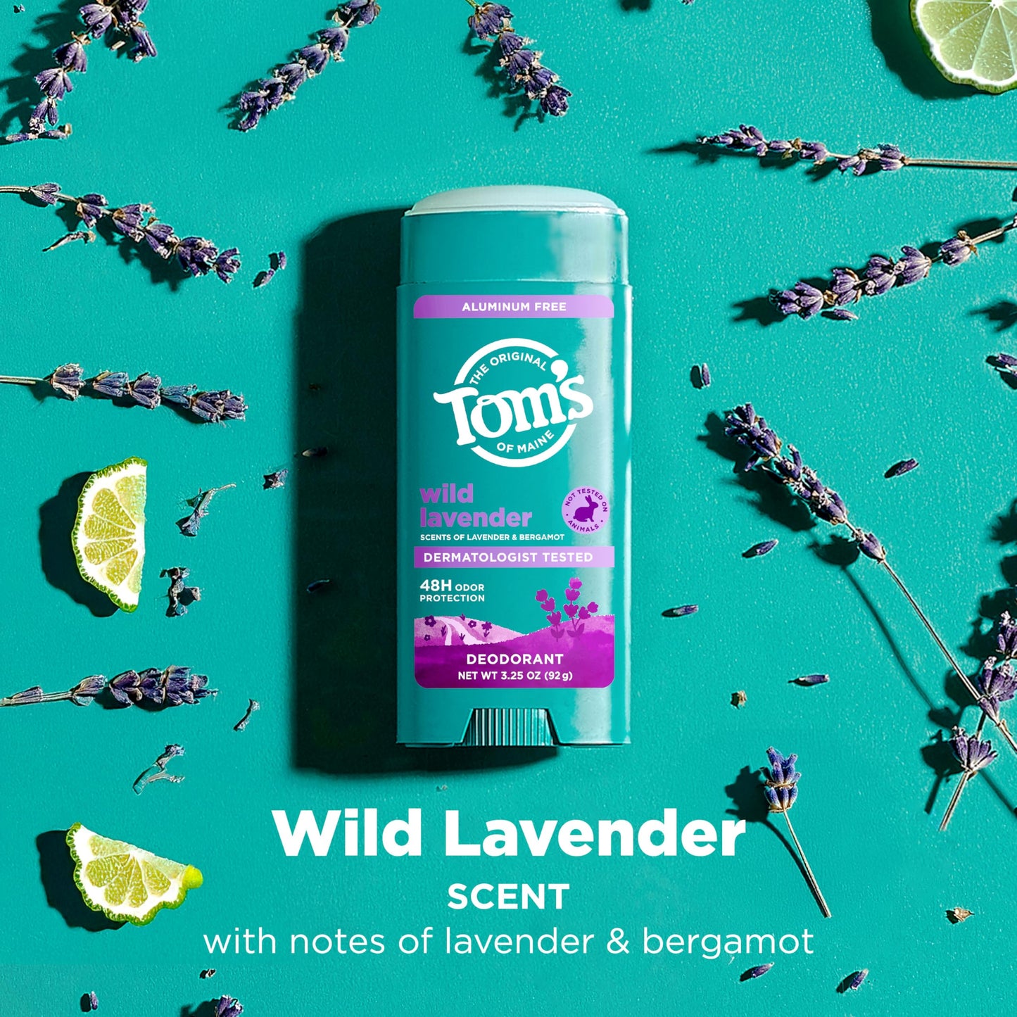Tom's of Maine Wild Lavender deodorant stick with cap removed