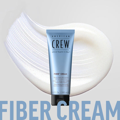 American Crew Fiber Cream full packaging display with natural shine benefits.