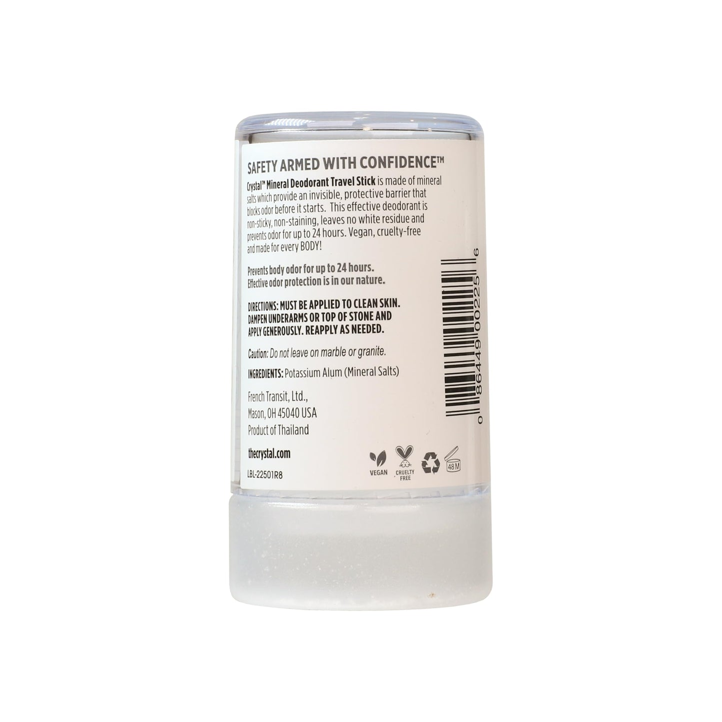Travel size unscented crystal body deodorant solid stone with protective cap off