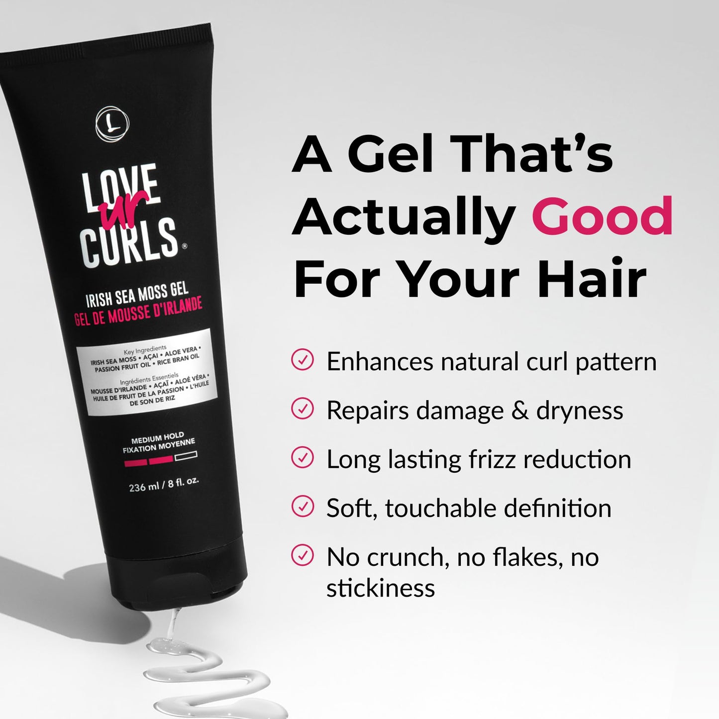 Love Ur Curls medium hold styling gel packaging details and text.