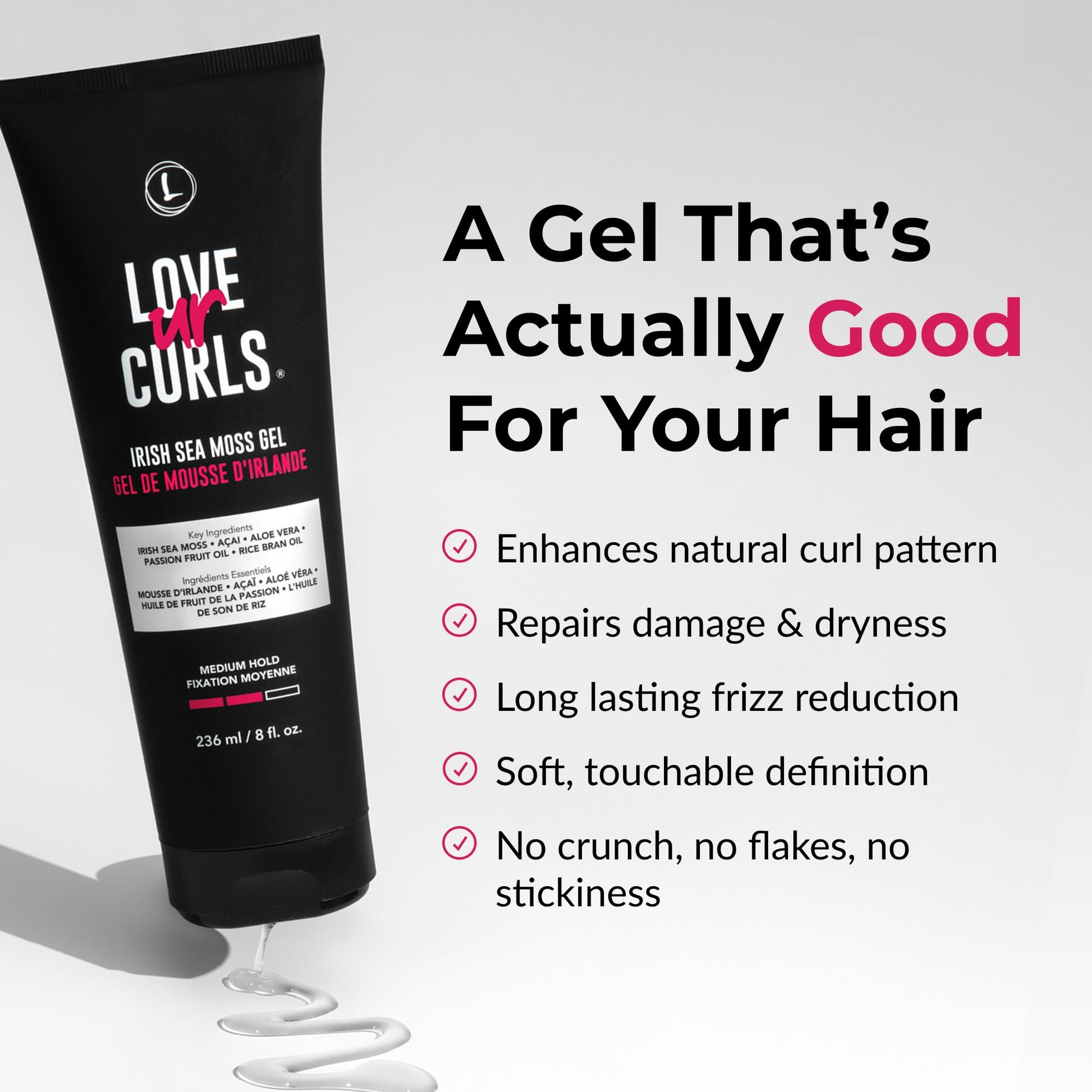 Love Ur Curls medium hold styling gel packaging details and text.