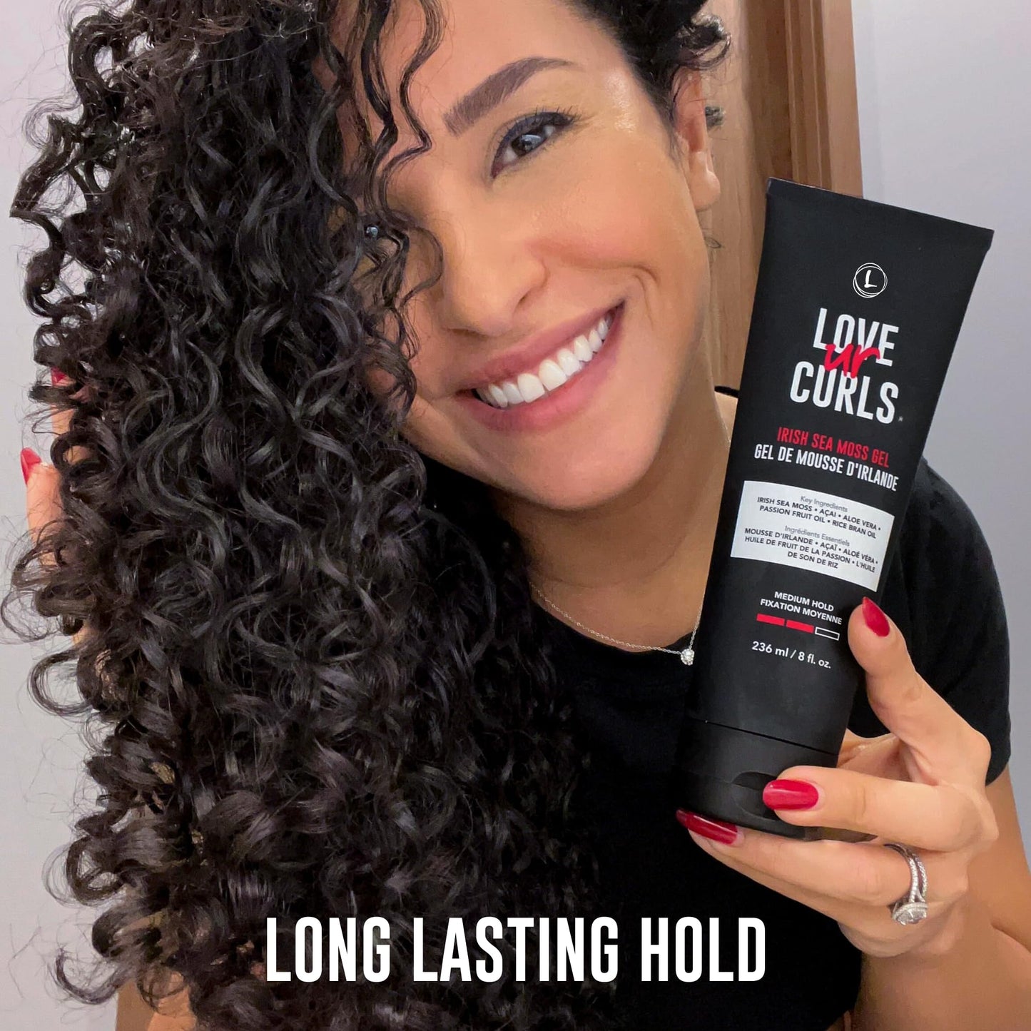 Back label of Love Ur Curls hair gel highlighting vegan formula.