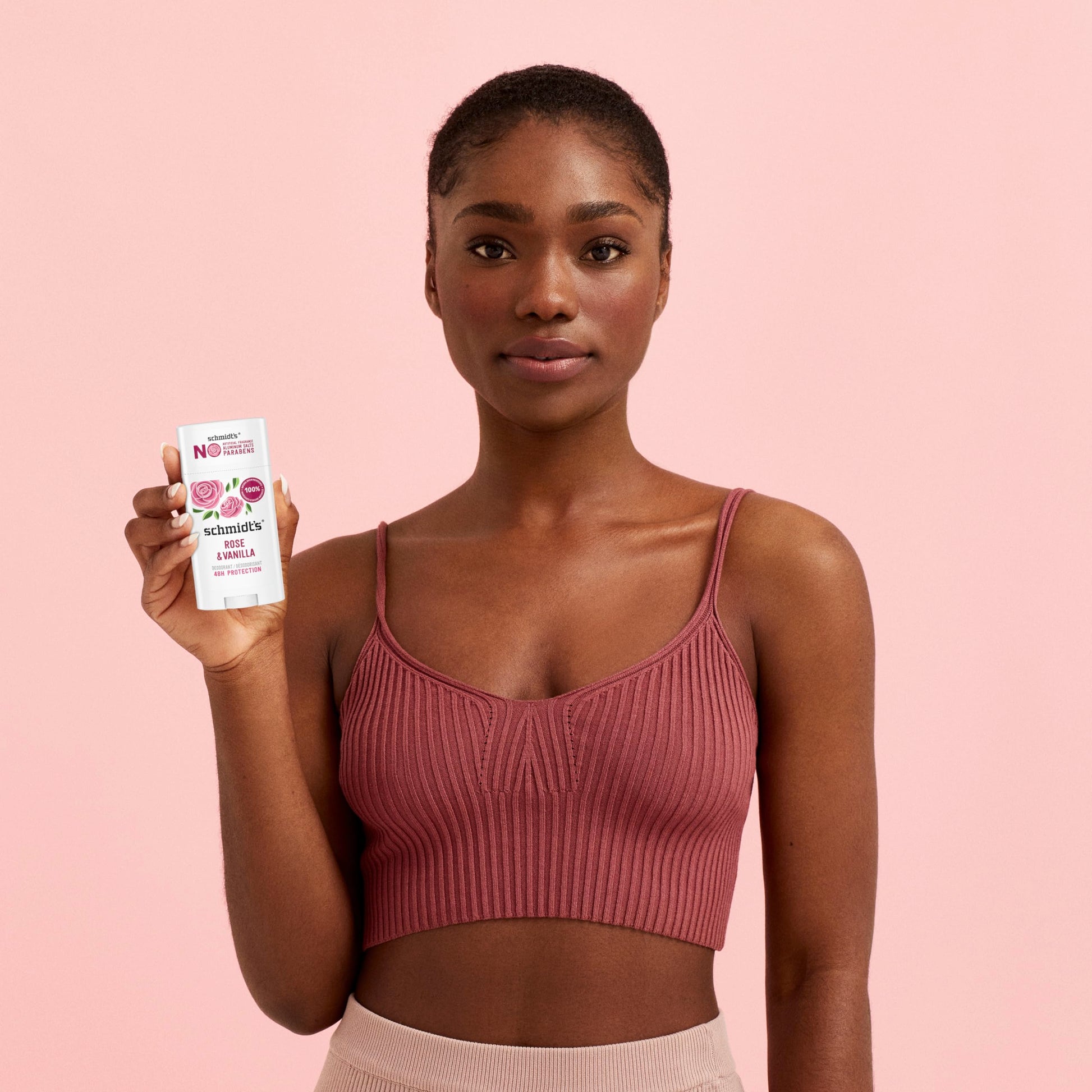 Schmidt's Rose and Vanilla deodorant stick with cap removed
