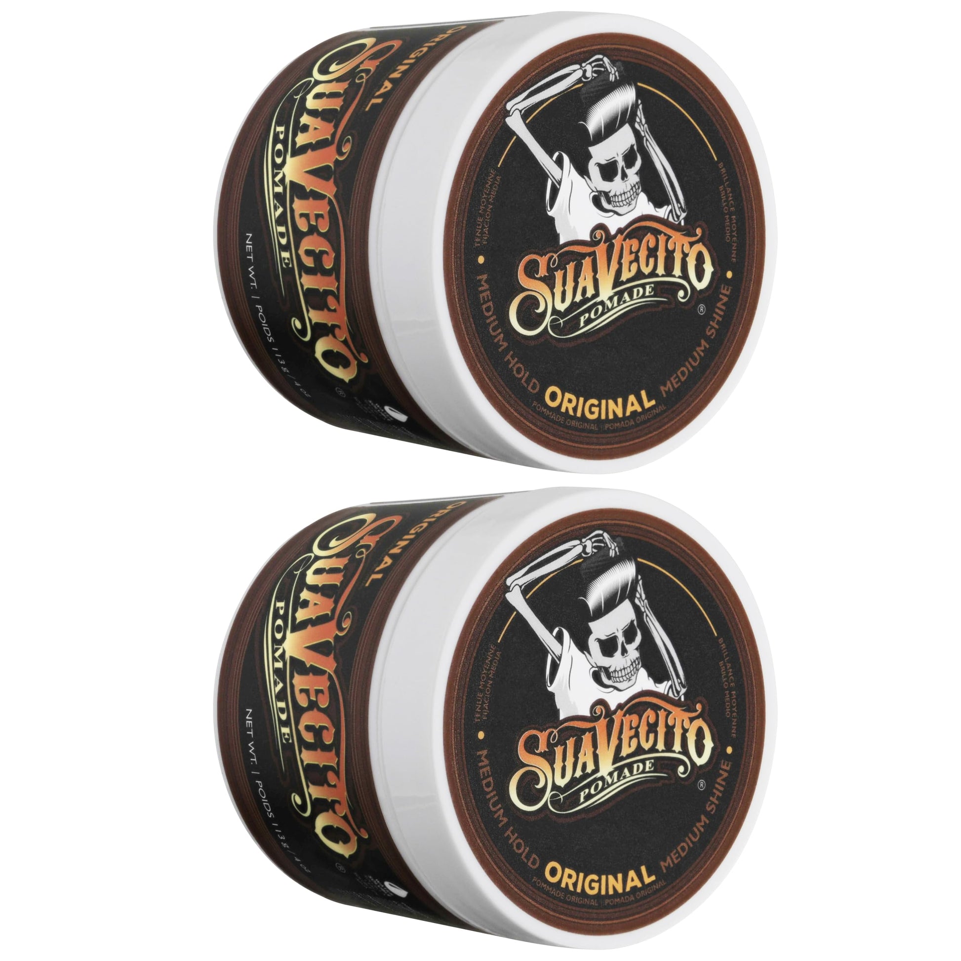 Back label of Suavecito Original Hold Pomade displaying directions and product attributes
