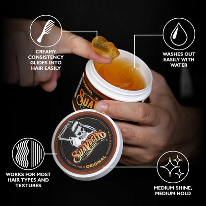 Suavecito water based hair wax package for men looking for medium shine hairstyles