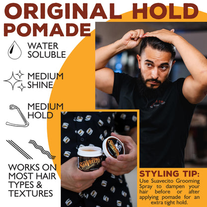 Authentic imported Suavecito hair grooming product jar showcased on a neutral backdrop