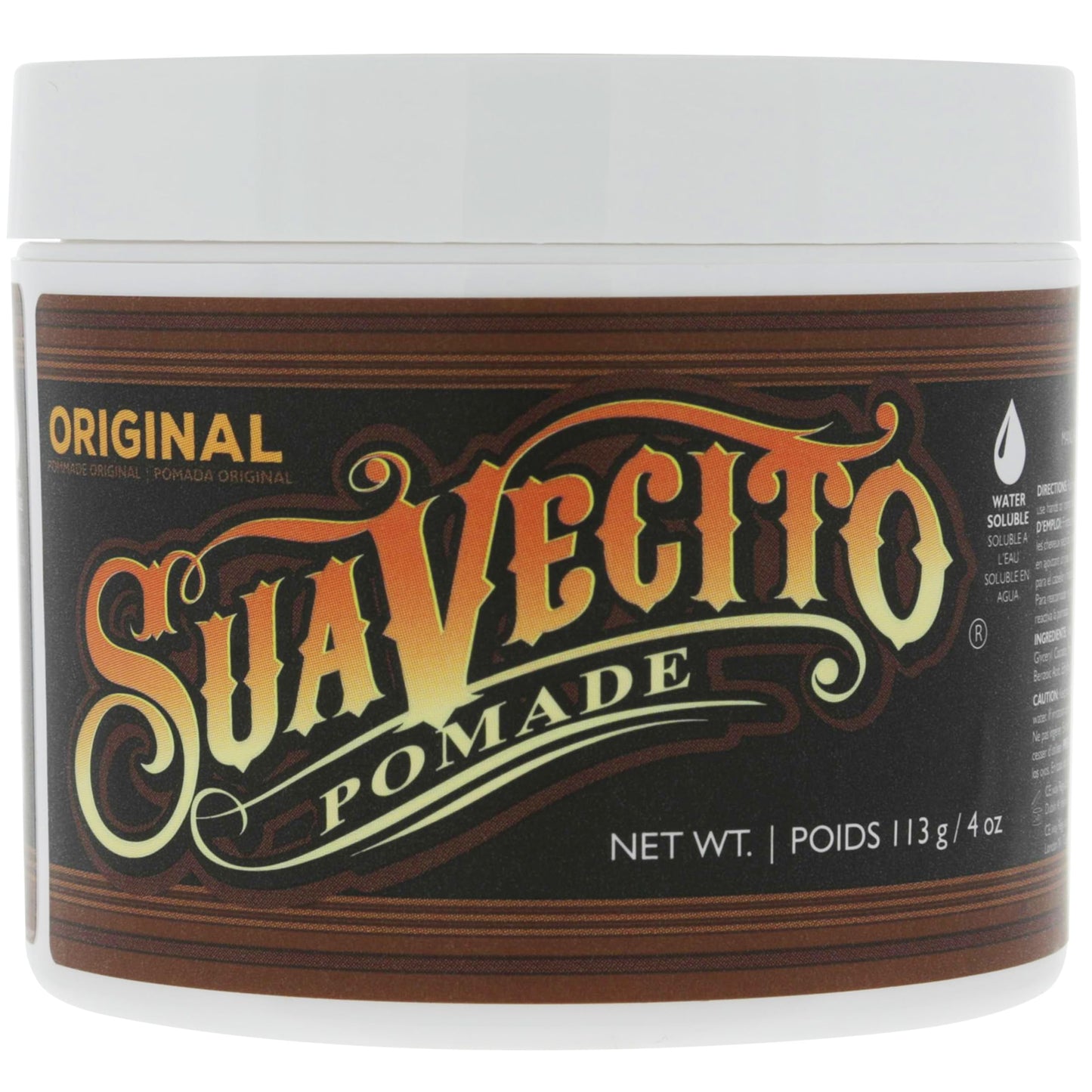 Suavecito Original hold grooming wax container ideal for pompadours and slickback hairstyles