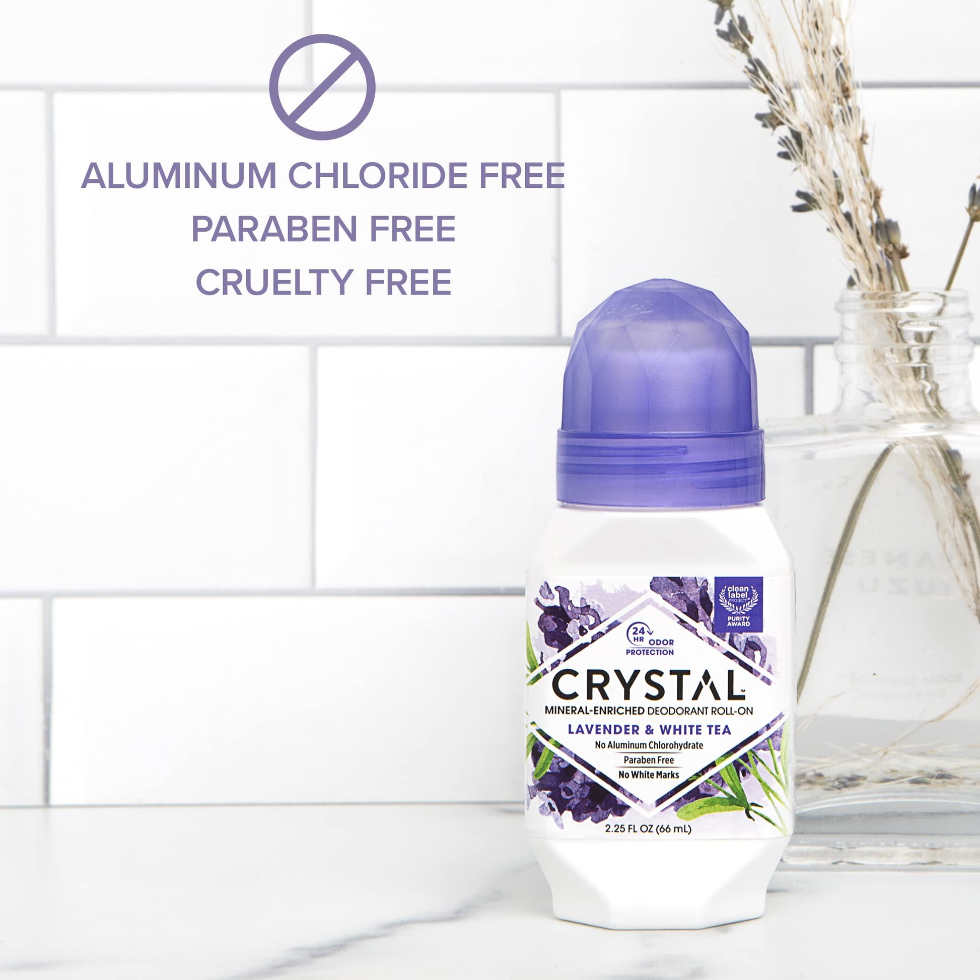 Crystal Essence mineral salt deodorant roll on showing the applicator tip open