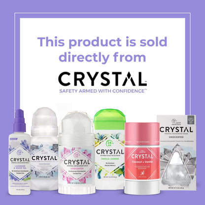 Crystal Essence mineral protection roll on deodorant bottle angled view displaying product text