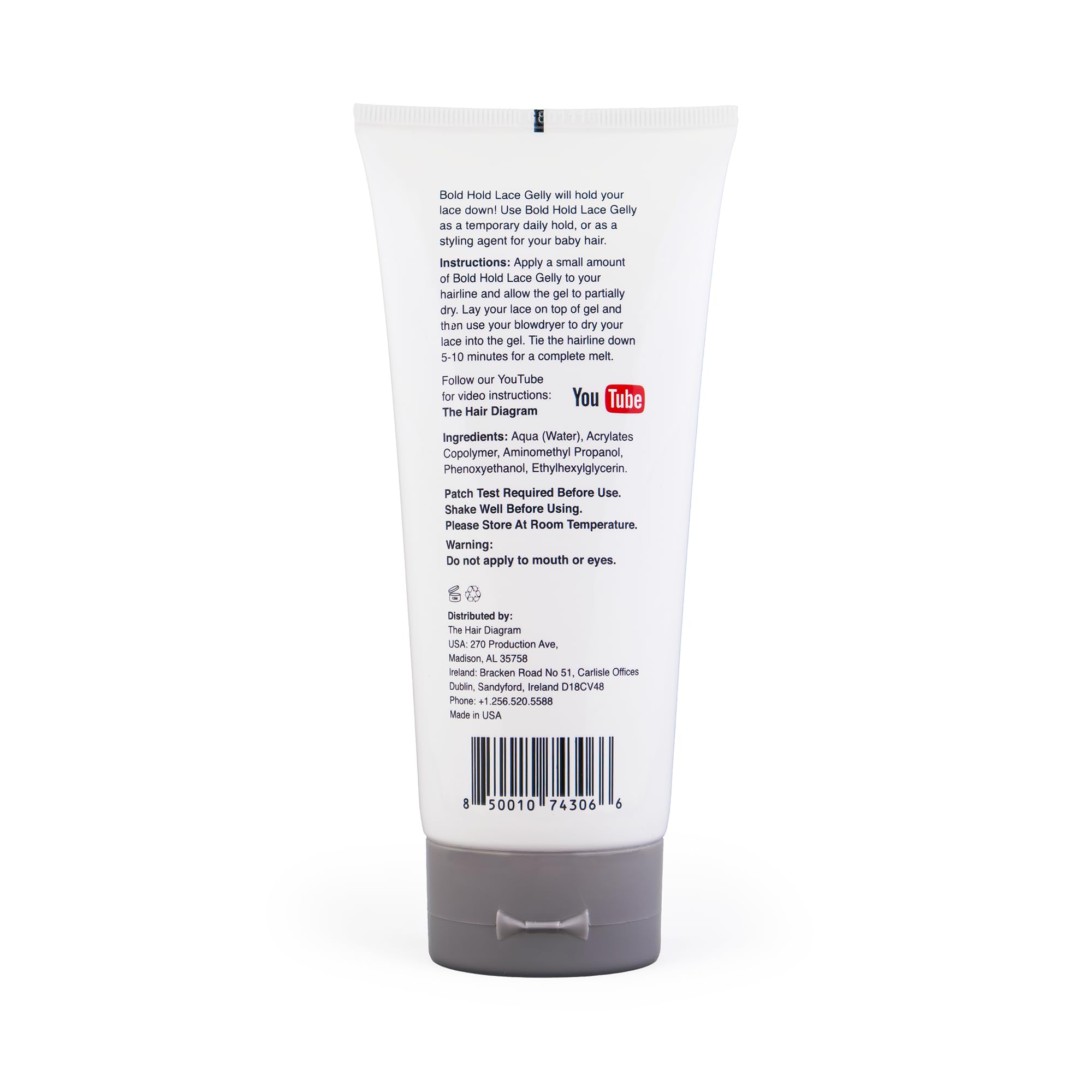 The Hair Diagram non toxic lace melt gel tube displayed on a clean flat surface for wig styling.