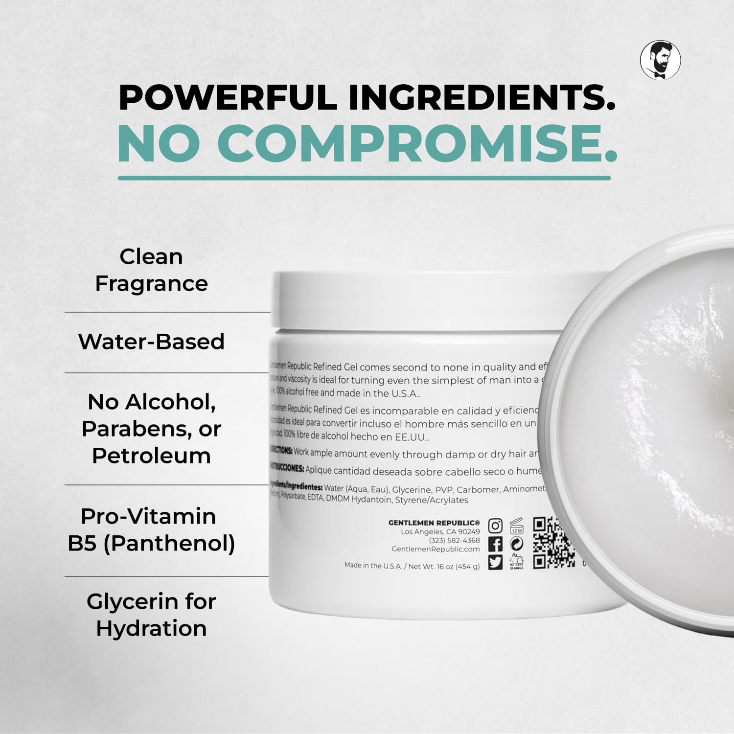 Gentlemen Republic professional hair gel back label displaying directions and ingredients list