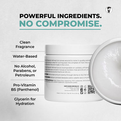 Gentlemen Republic professional hair gel back label displaying directions and ingredients list