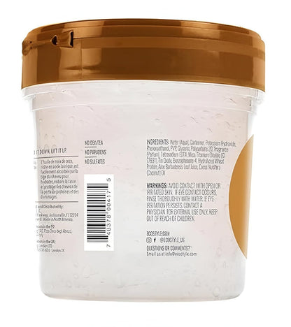 Eco Style alcohol free coconut hair gel packaging showcasing ingredients and benefits