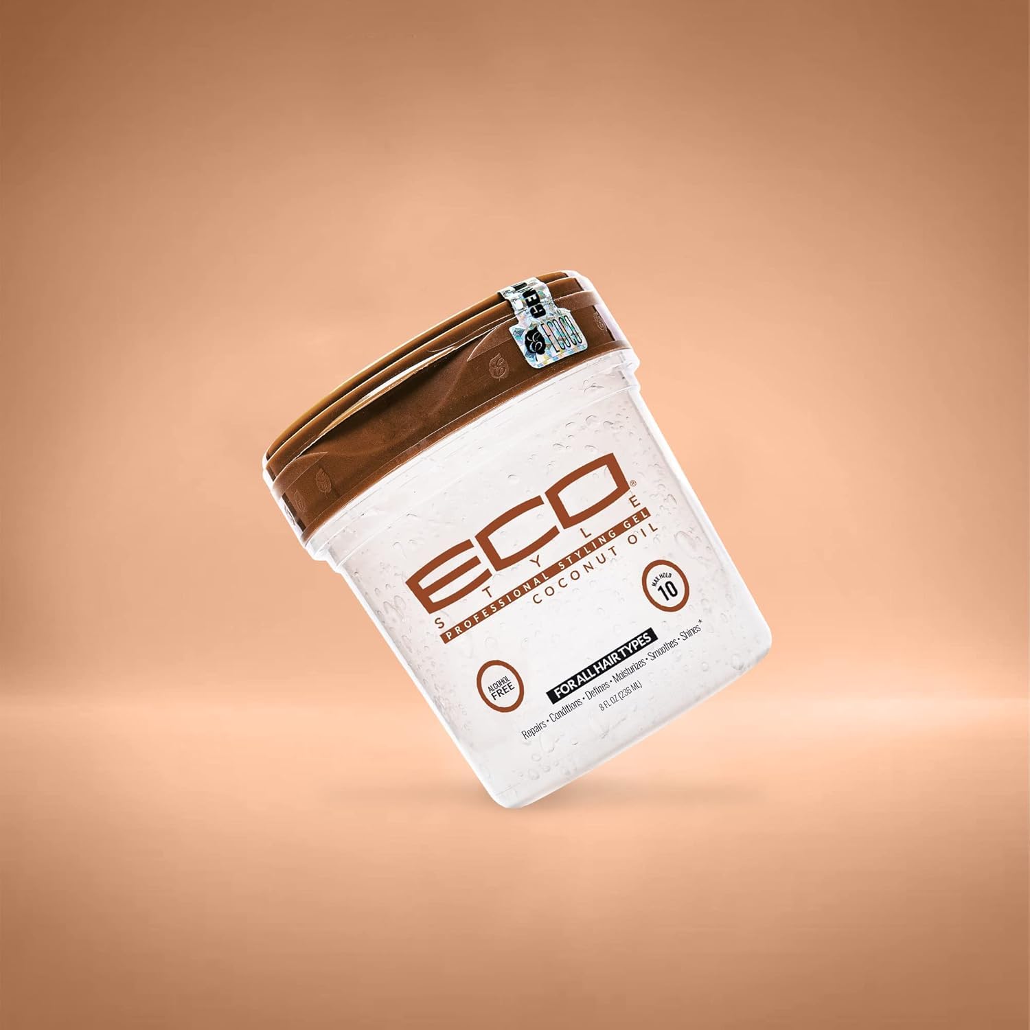 Eco Style coconut oil gel 8 ounce bottle highlighting weightless strong hold claim