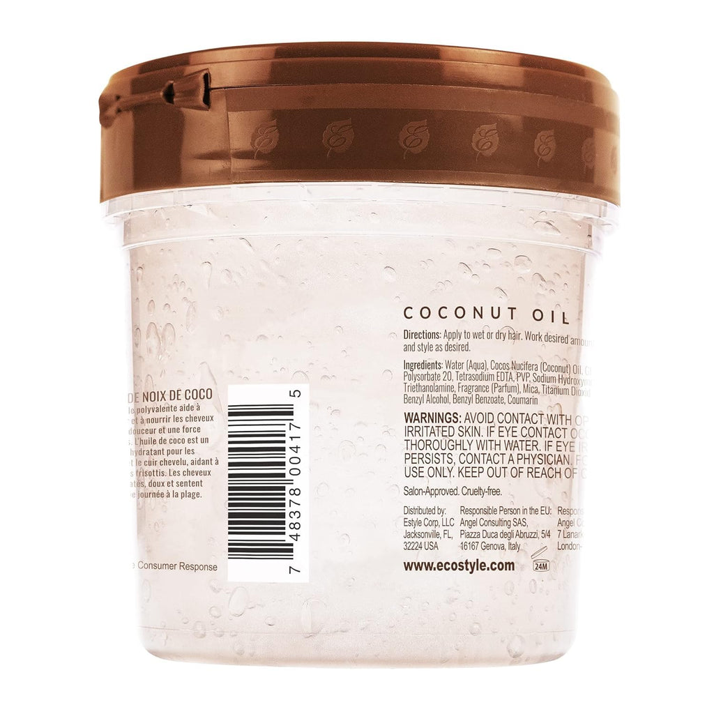 Eco Style coconut oil maximum hold gel tub showing official branding and size information