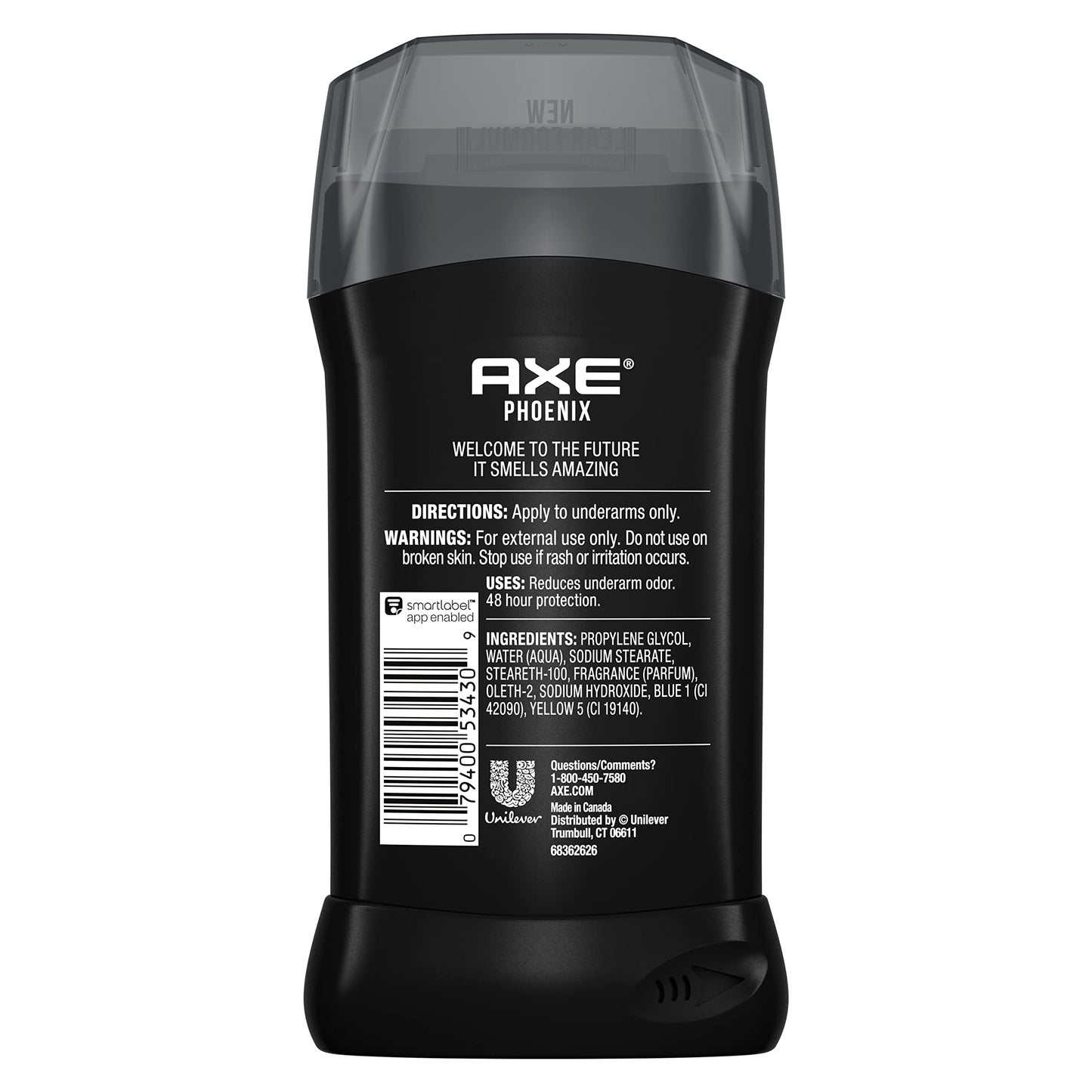 Back label of AXE Phoenix three ounce deodorant pack with ingredient details