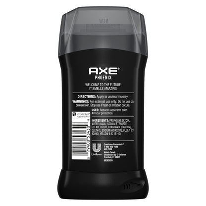 Back label of AXE Phoenix three ounce deodorant pack with ingredient details