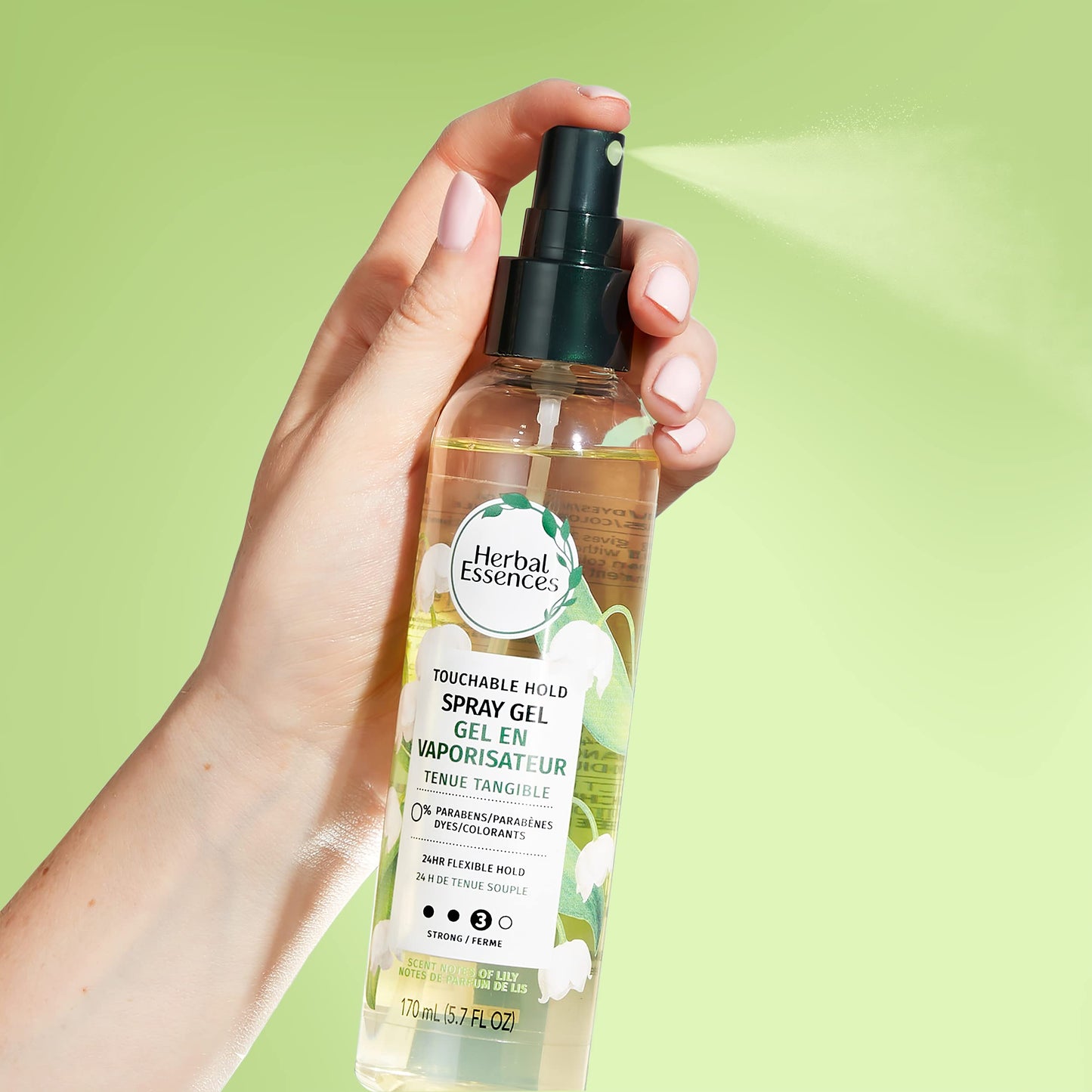 Herbal Essences non sticky touchable hold spray gel formula close up view
