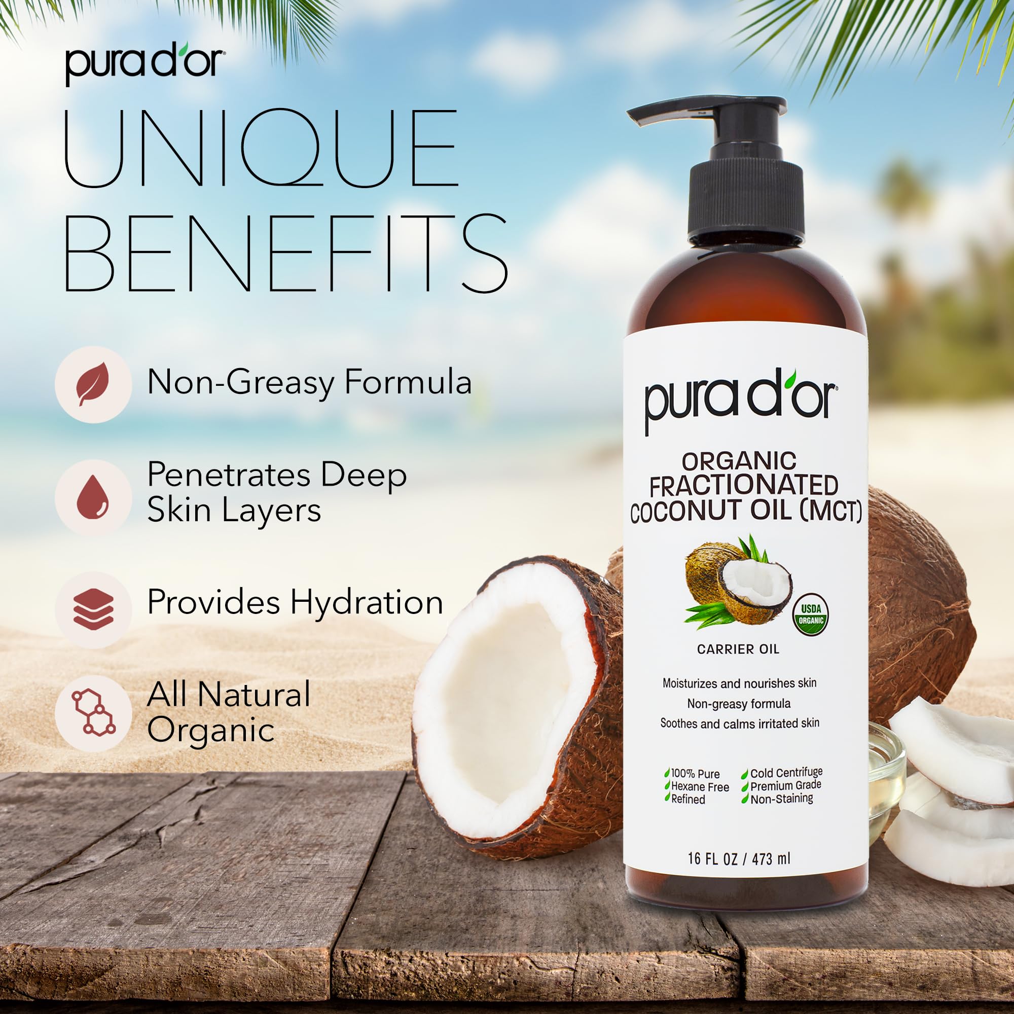 PURA D'OR 16 Ounce liquid coconut oil bottle showcasing the product label and ingredients list.
