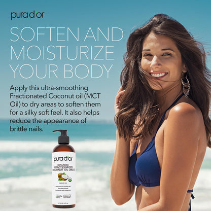 Lightweight fractionated coconut oil being dispensed from the pump for skincare application.
