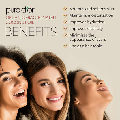 PURA D'OR pure MCT carrier oil bottle highlighting its usage for hair, skin, and body care.