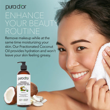 Hexane-free organic coconut oil bottle displayed alongside botanical elements to emphasize natural ingredients.