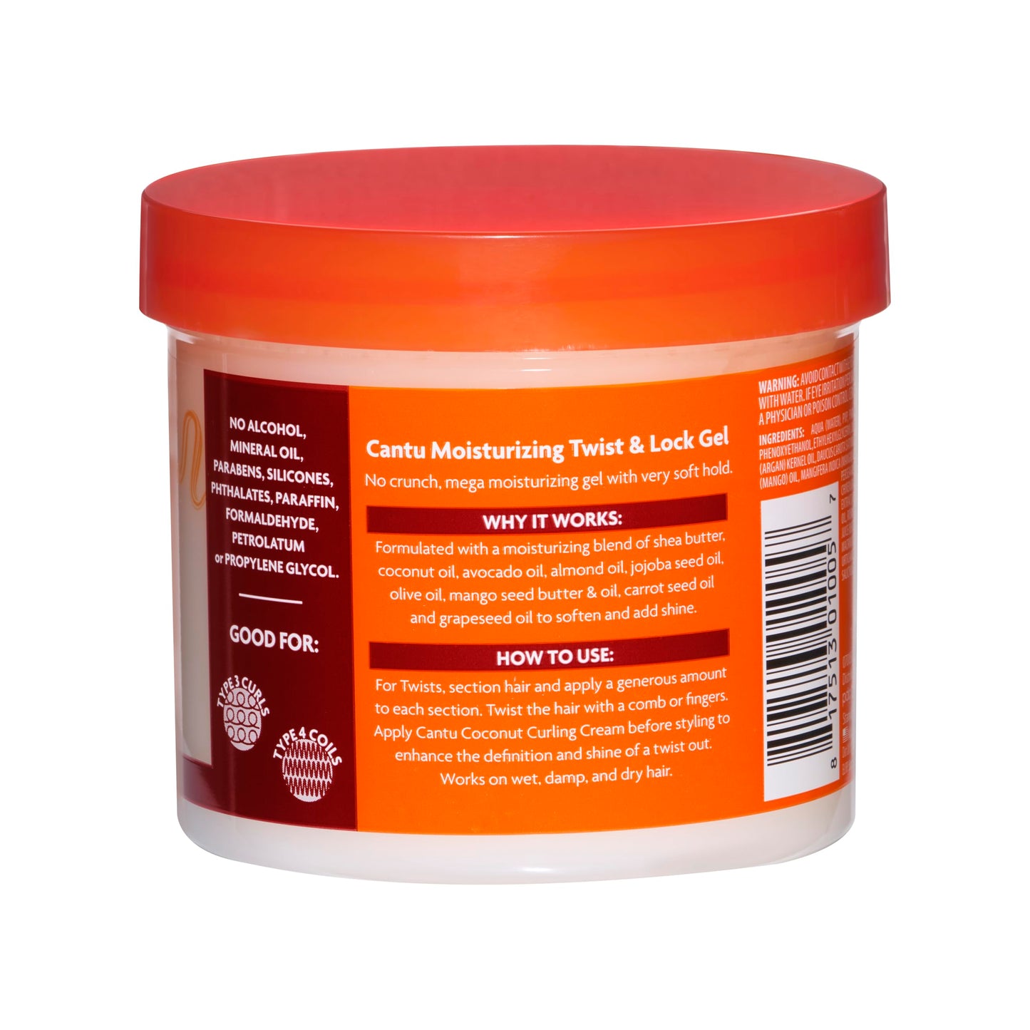 Back view of Cantu shea butter twist and lock gel showing clean ingredients list