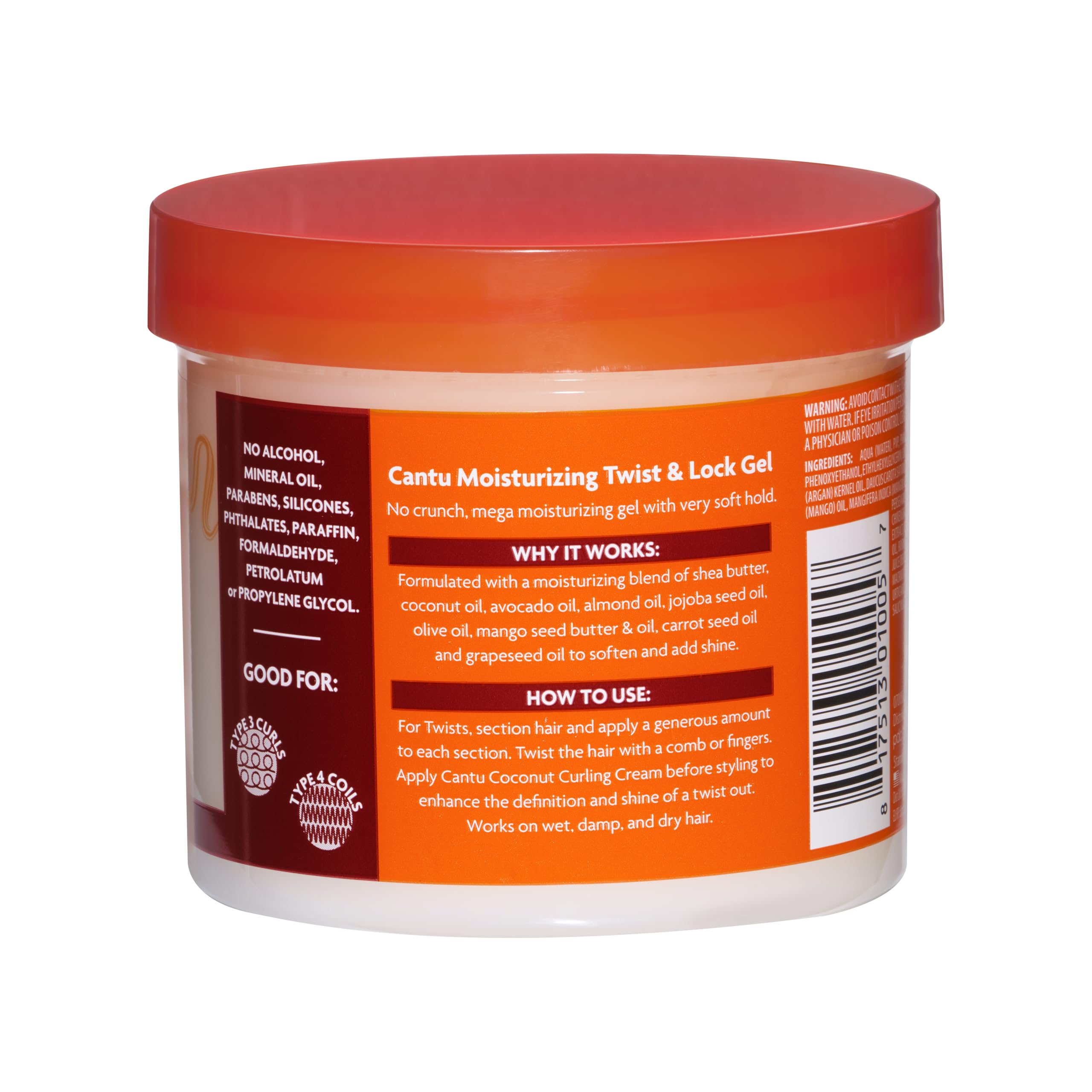 Back view of Cantu shea butter twist and lock gel showing clean ingredients list