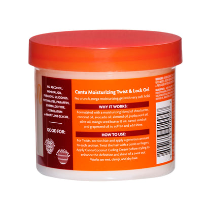 Back view of Cantu shea butter twist and lock gel showing clean ingredients list