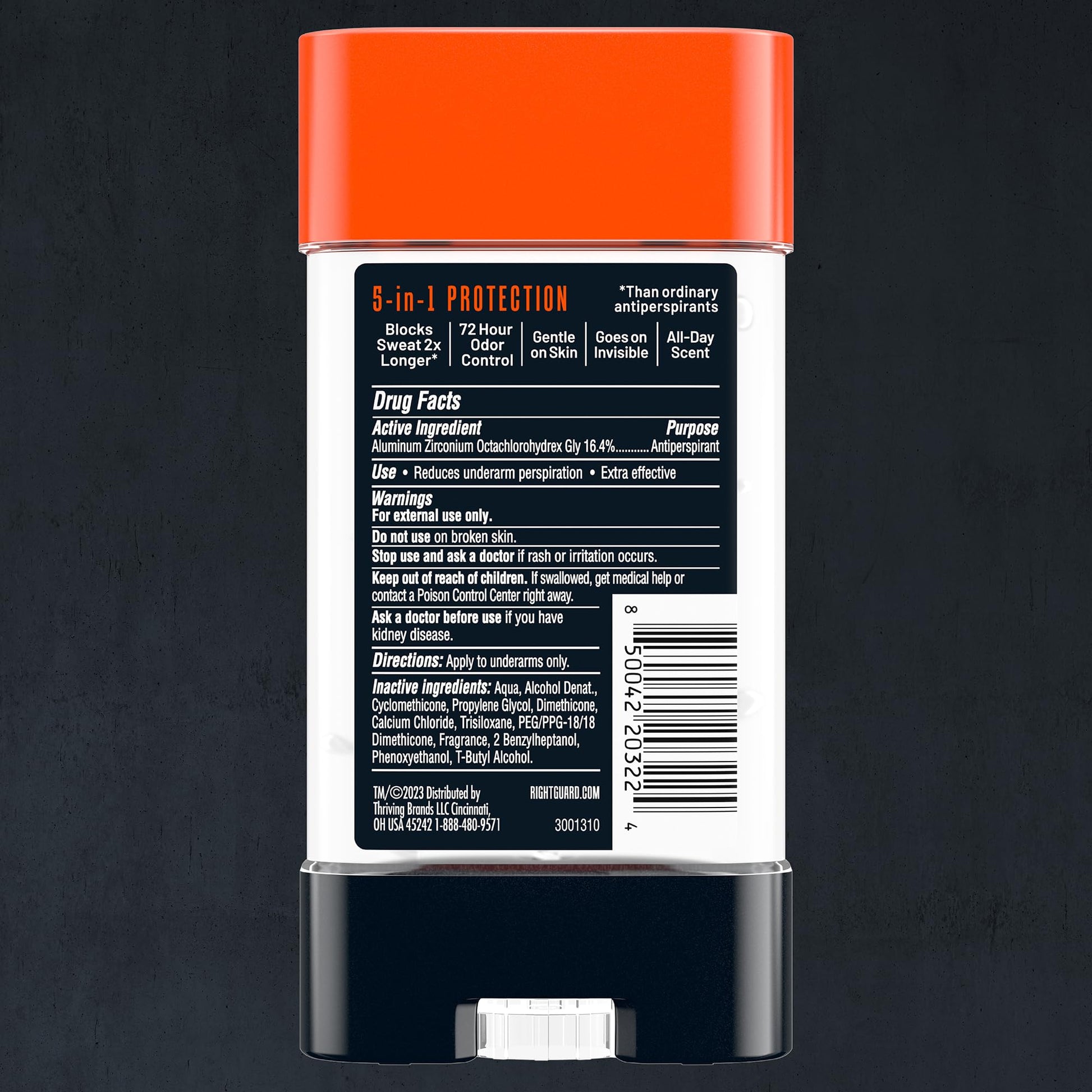 Right Guard 5-in-1 clear gel antiperspirant for men close up view showing 72 hour protection label