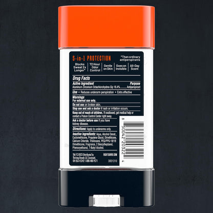 Right Guard 5-in-1 clear gel antiperspirant for men close up view showing 72 hour protection label
