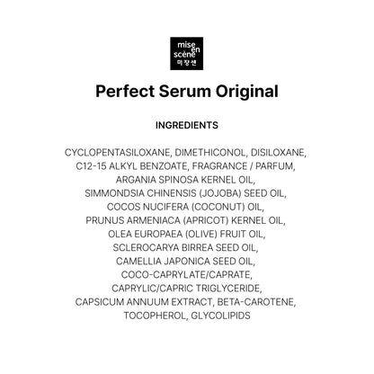 Mise En Scene anti frizz leave in hair serum showing authentic imported labels