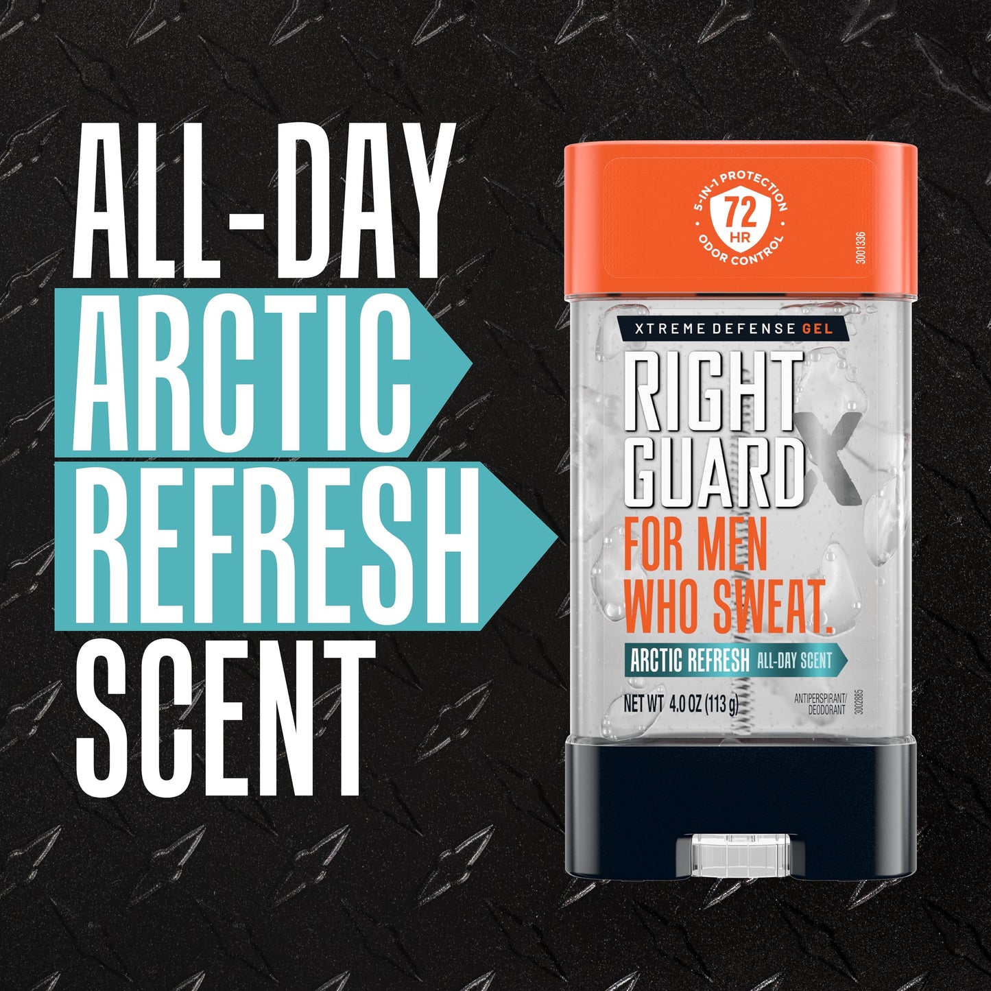 Right Guard Xtreme Defense Arctic Refresh scent container highlighting the five in one defense system logo