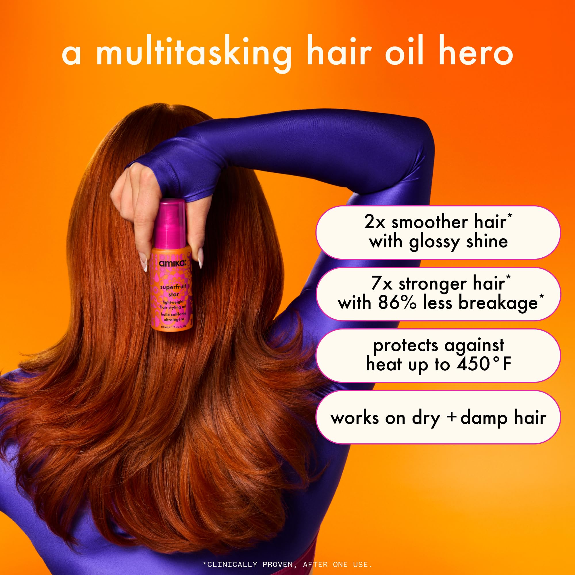 Amika Superfruit Star Styling and Heat Defense Oil fifty milliliters packaging close up