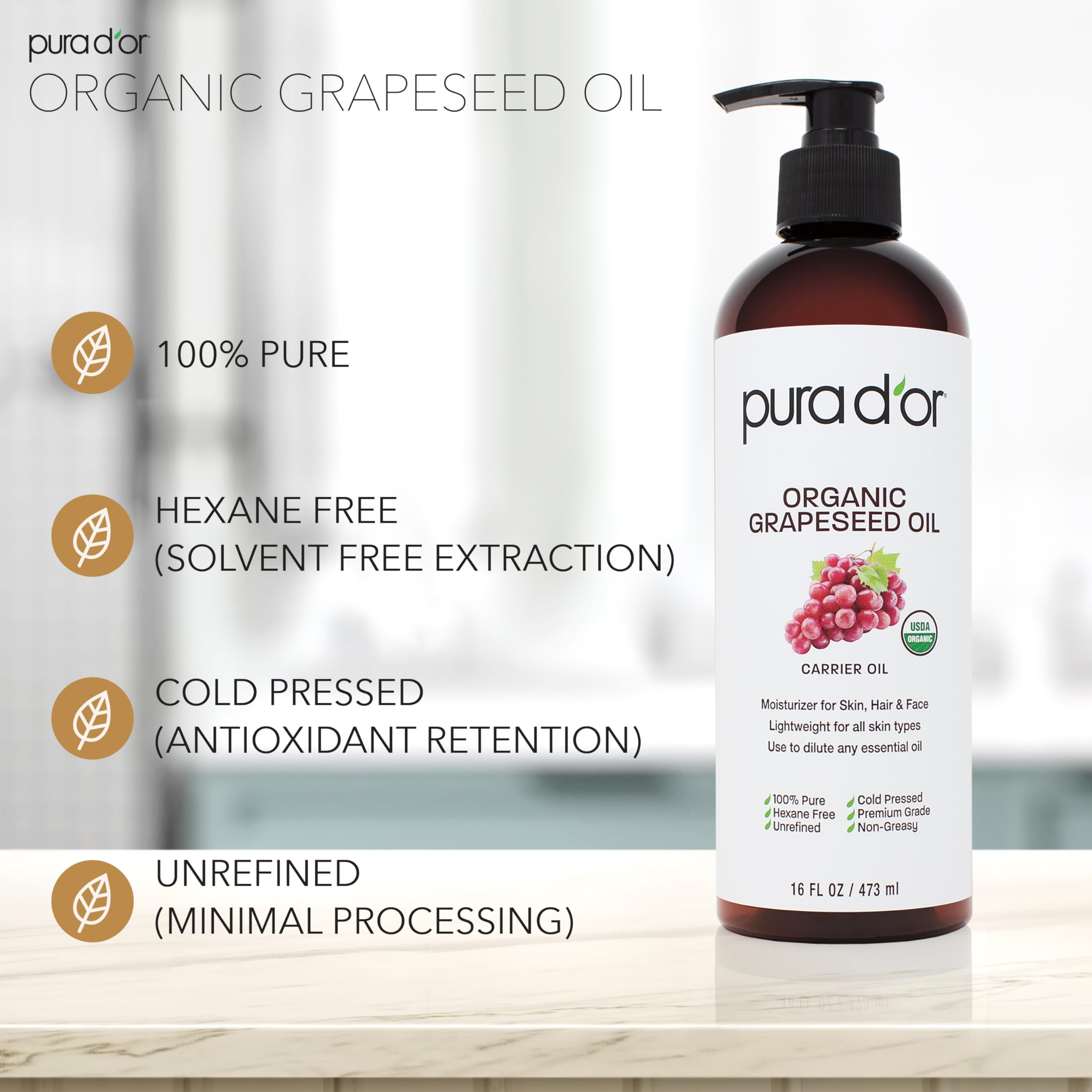 PURA D'OR USDA certified cold pressed grapeseed oil packaging detailing natural ingredients