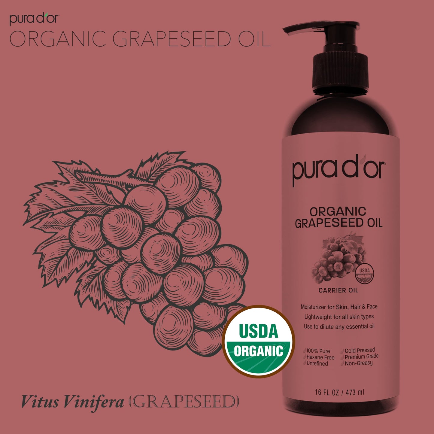 Authentic PURA D'OR pure carrier oil for face skin and hair wellness care