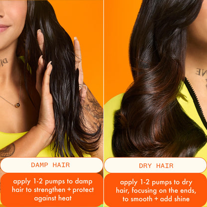 Amika anti frizz glossy finish hair oil application view showing bottle details