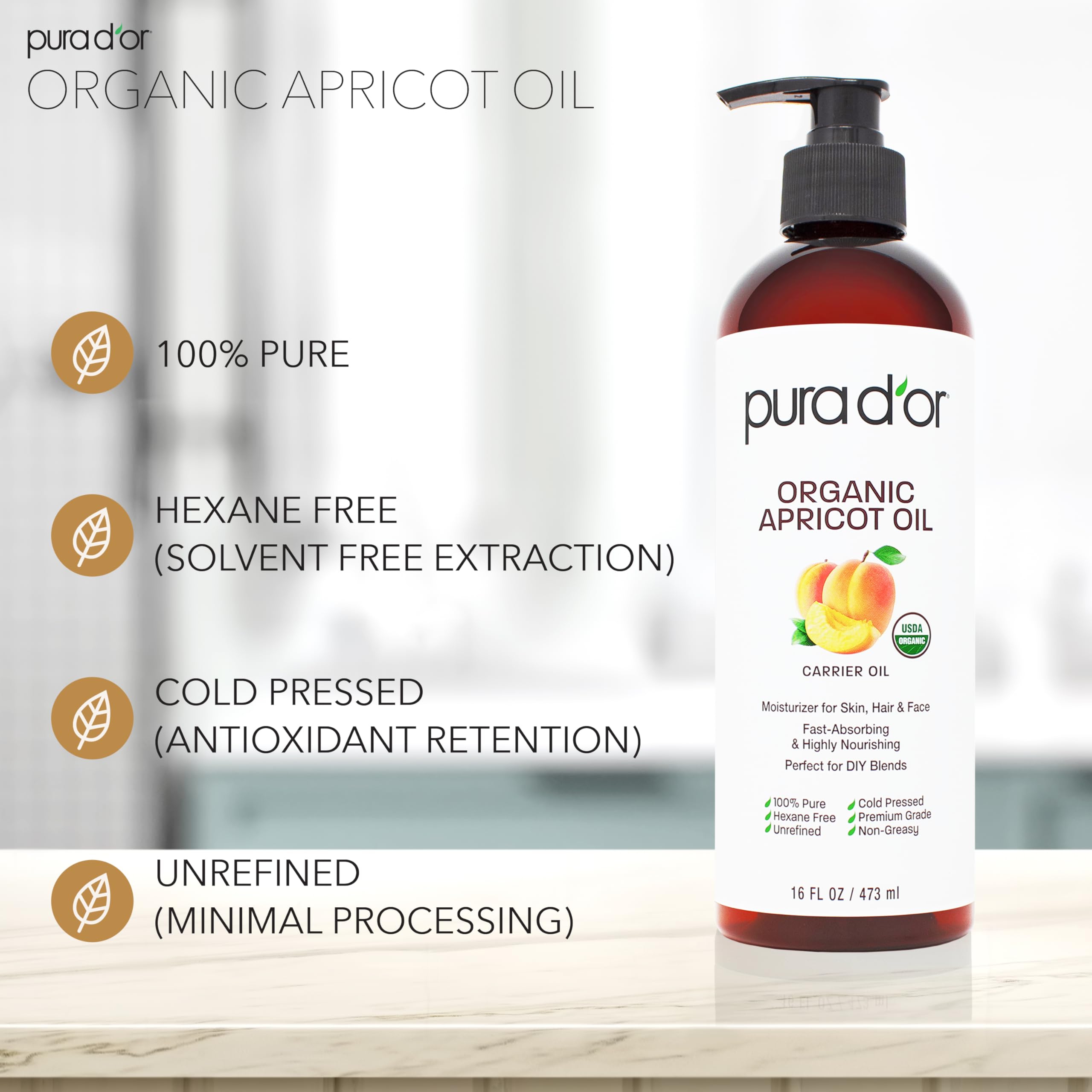 PURA DOR cold pressed unrefined apricot oil for natural face moisturizing