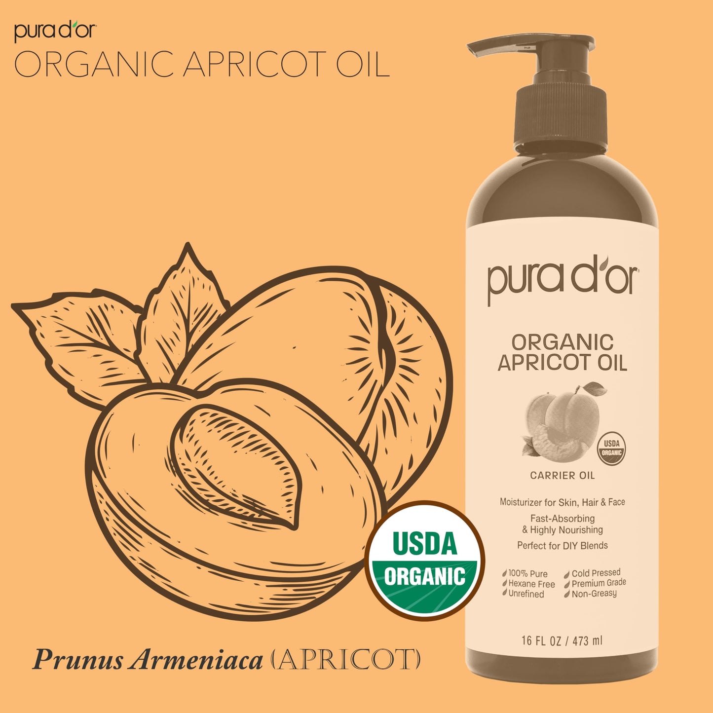 Authentic USA imported PURA DOR apricot kernel oil packaging back labels