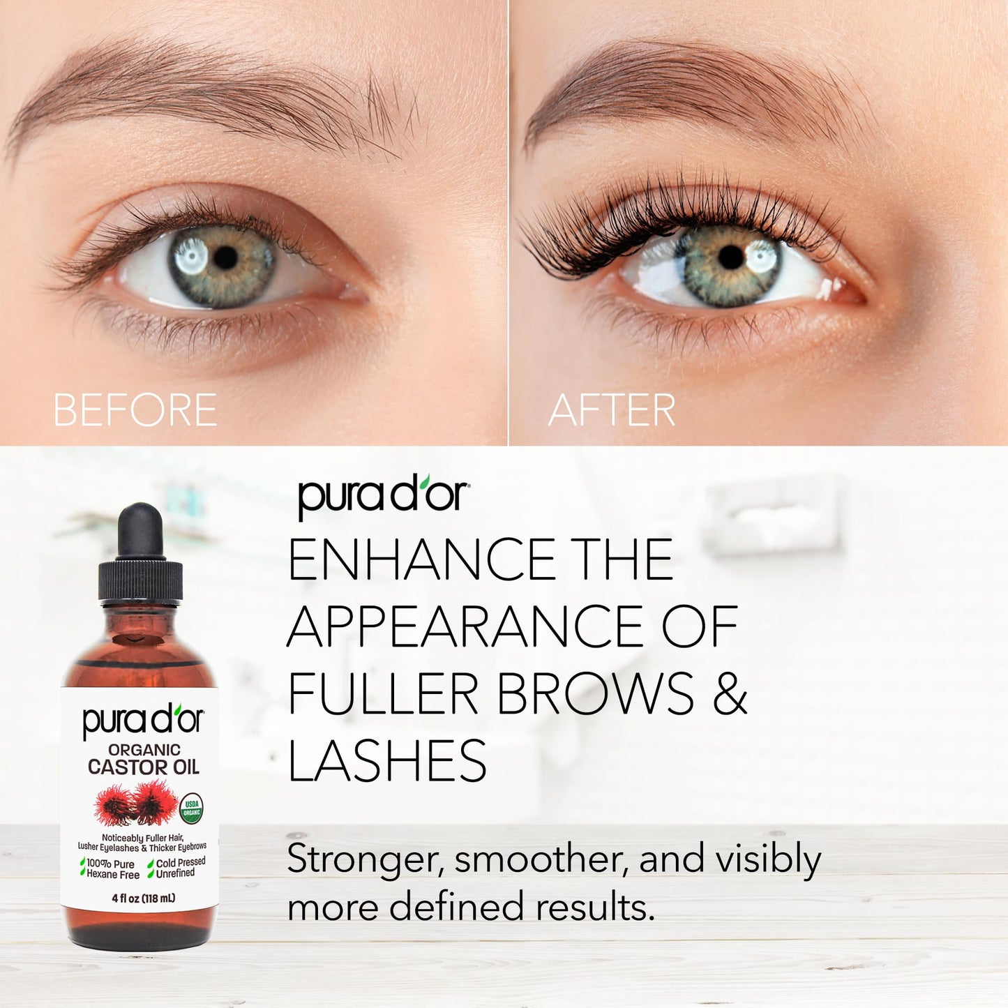 Hexane free pure castor oil by PURA D'OR with included mascara wand applicators