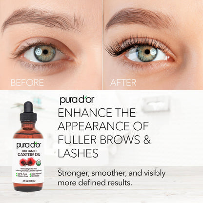 Hexane free pure castor oil by PURA D'OR with included mascara wand applicators